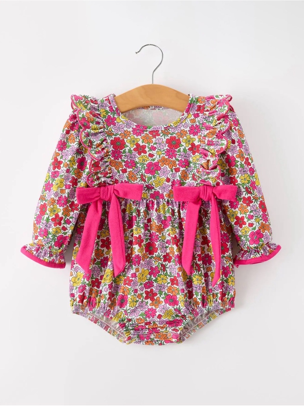 Rylee Faith Hot Pink Bow Floral Girl Bubble Romper